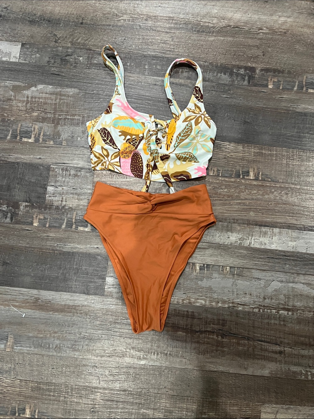 American Eagle Outfitters Rust High-Waist Bikini with Floral Crop Top